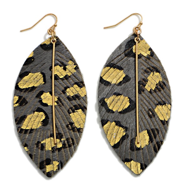 Wholesale gold Leather Animal Print Feather Drop Earrings Gold Wire Accents Long