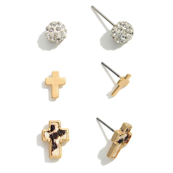 Set of Three Stud Earrings Featuring Gold Tone Cross and Animal Print

- Approximately .25" W / .35" W