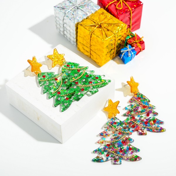 Statement Glitter Resin Christmas Tree Earring Featuring Rhinestone Accents
- Approximately 2.75" Length