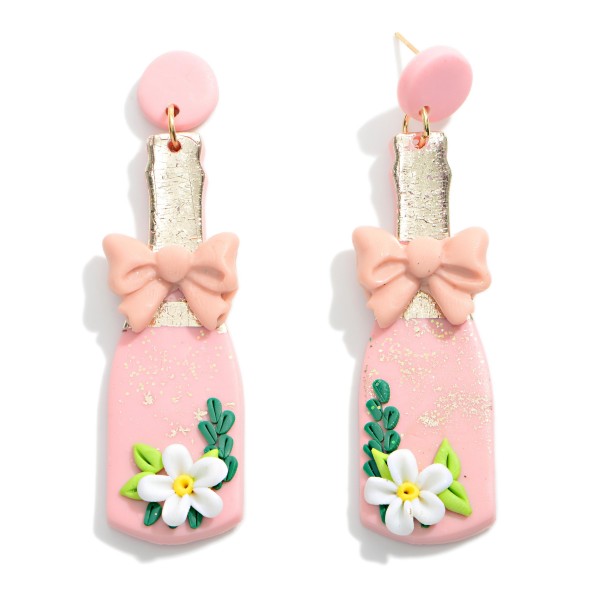 Champagne Bottle Clay Earrings With Floral and Bow Details

- Approximately 2.5" Length