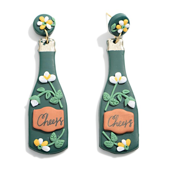 'Cheers' Wine Bottle Polymer Clay Earrings With Floral Accents

- Approximately 3" Length