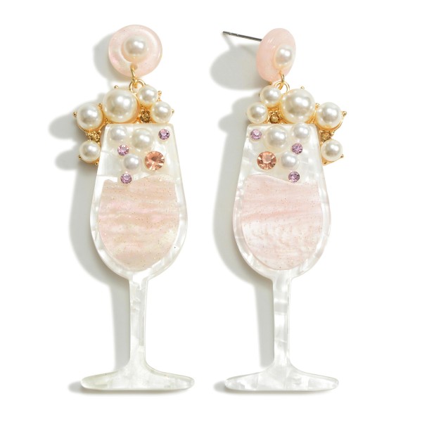 Wholesale acetate Champagne Glass Drop Earrings Pearl Accents Long