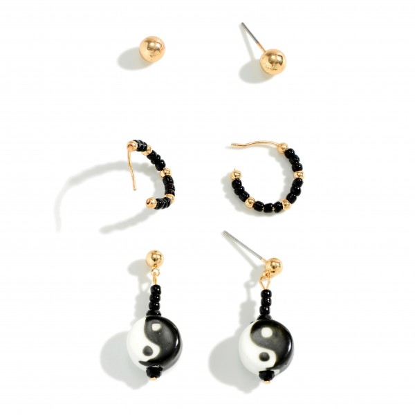 Wholesale set Three Beaded Earrings Yin Yang Accents Long