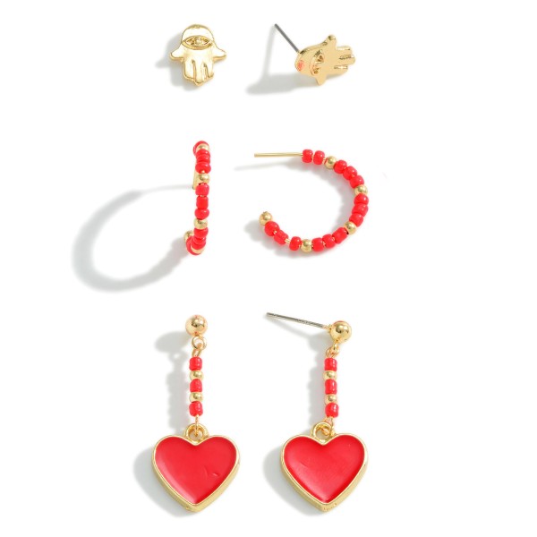 Wholesale set Three Earrings Hamsa Hand Stud Beaded Hoop Heart Drop Earring Diam