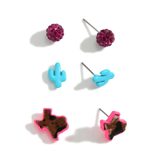 Wholesale set Three Texas Stud Earrings Rhinestone Animal Print Accents