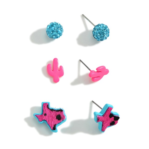 Wholesale set Three Texas Stud Earrings Rhinestone Animal Print Accents