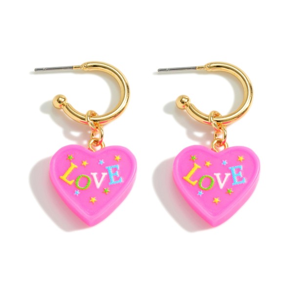 Gold Tone Huggie Hoop Earrings Featuring Rubber Heart 'Love' Charms

- Approximately 1.5" Long