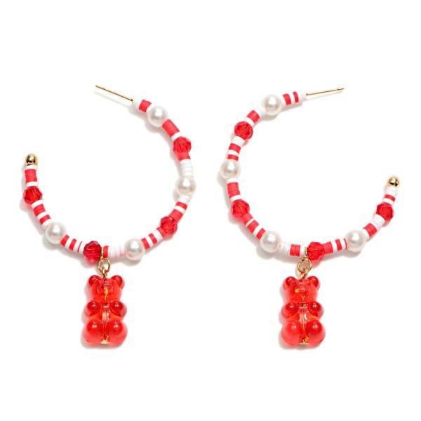 Heishi Bead Hoop Earrings Featuring Pearl Bead Accents and Candy Bear Charm

- Approximately 2" Wide