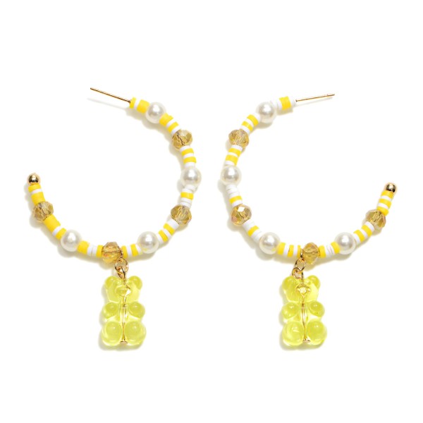 Heishi Bead Hoop Earrings Featuring Pearl Bead Accents and Candy Bear Charm

- Approximately 2" Wide