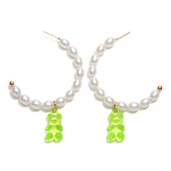 Pearl Beaded Hoop Earrings Featuring Candy Bear Charm

- Approximately 2" Wide