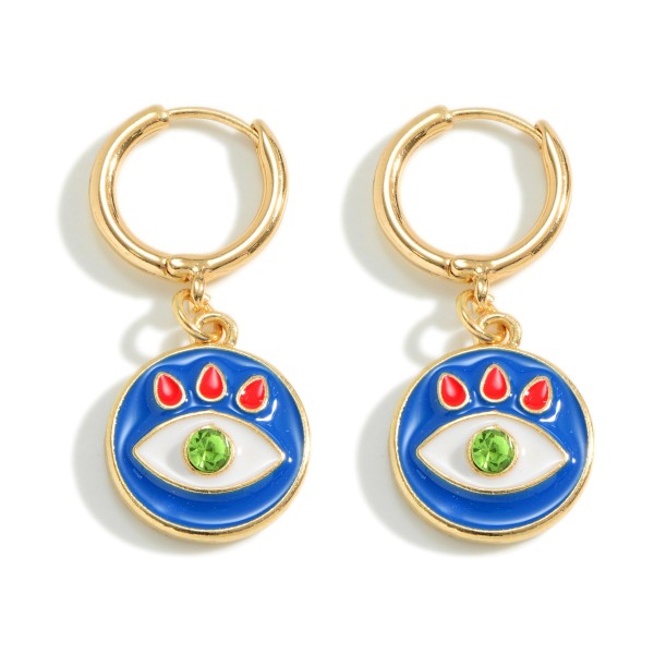 Gold Tone Huggie Hoop Earring With Enamel and Rhinestone Evil Eye Charm

- Approximately 1.25" Length