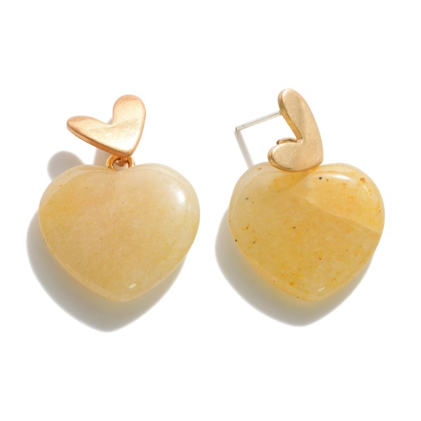 Natural Stone Heart Drop Earrings Featuring Gold Tone Accents

- Approximately 1.25" Long