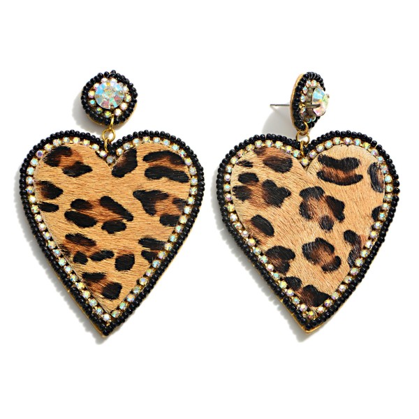 Wholesale long Leopard Print Heart Earrings Rhinestone Seed Bead Accents Long