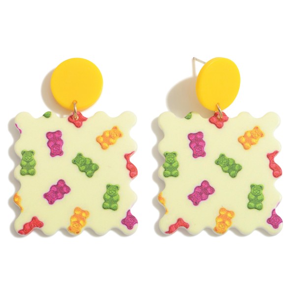 Postage Stamp Acetate Candy Bear Pattern Drop Earrings

- Approximately 2" Long