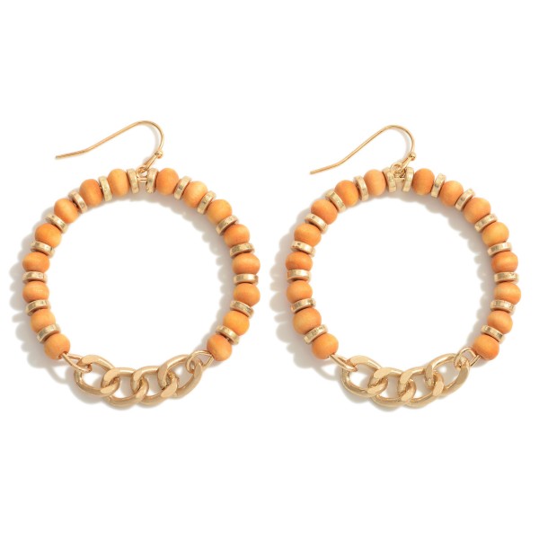 Wholesale gold Wood Bead Hoop Drop Earrings Chain Link Detail Long