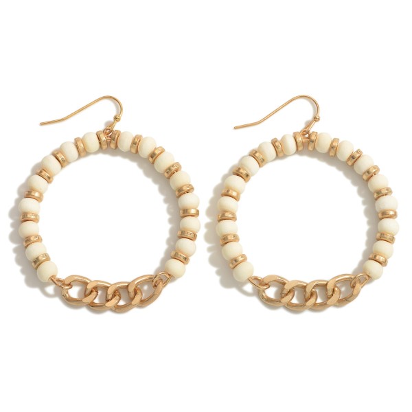 Wholesale gold Wood Bead Hoop Drop Earrings Chain Link Detail Long