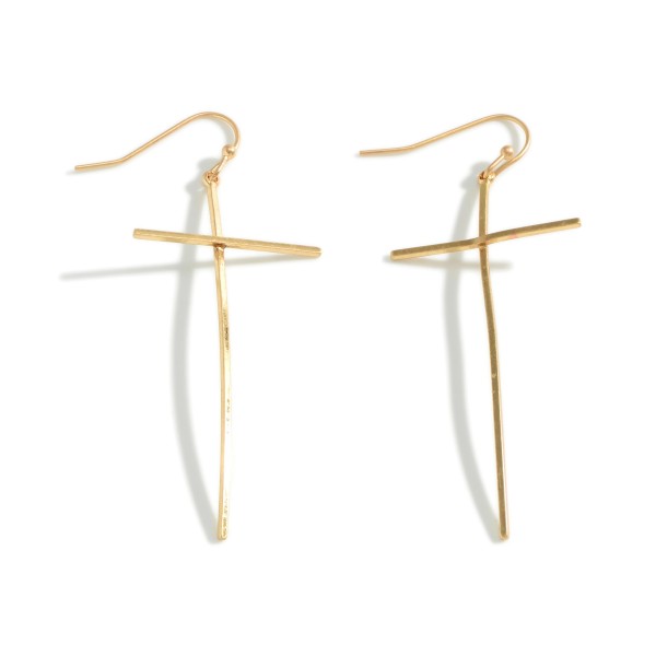 Dainty Plated Brass Metal Tone Curved Cross Earrings

- Approximately 2.25" Length