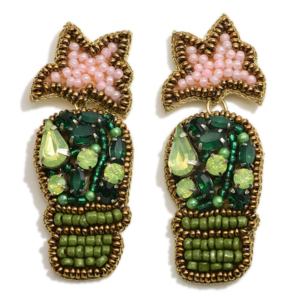 Beaded Cactus Statement Drop Earrings Featuring Rhinestones

- Approximately 2" Length