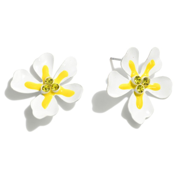 White Flower Shaped Stud Earrings With Rhinestone Center

- Approximately 1" Length