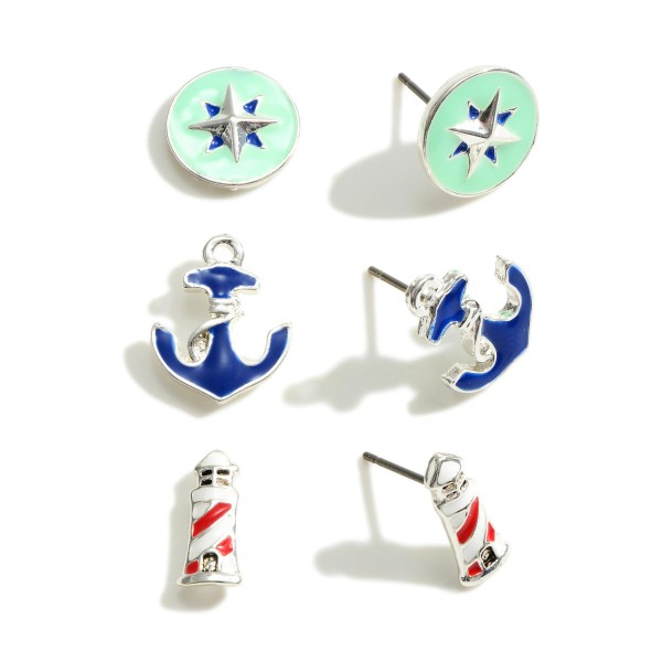 Wholesale set Three Silver Enameled Nautical Earrings Diameter