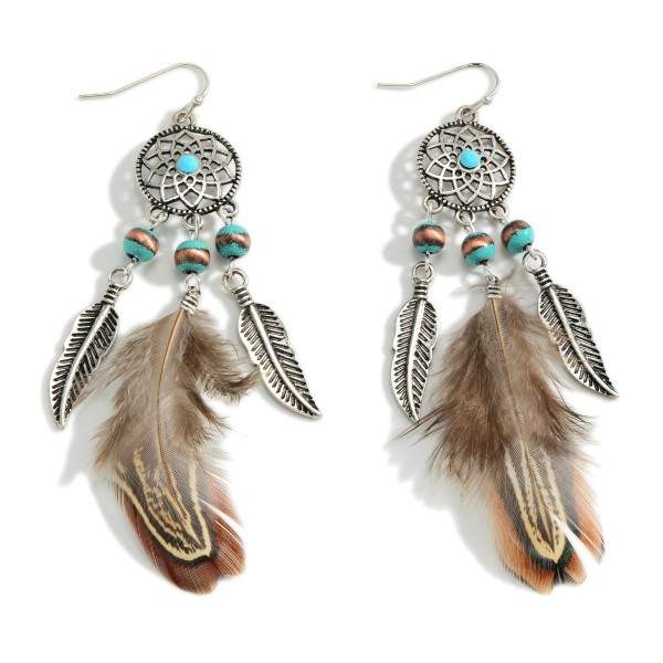 Wholesale silver Feather Dream Catcher Earrings Turquoise Accents
