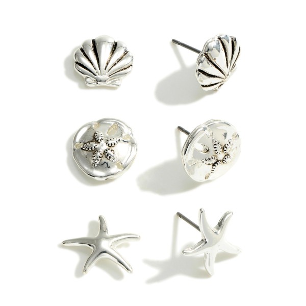 Wholesale set Three Silver Beach Stud Earrings