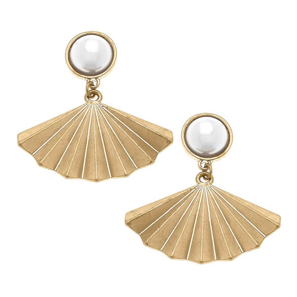 Wholesale worn Gold Pearl Top Fan Drop Earrings Long