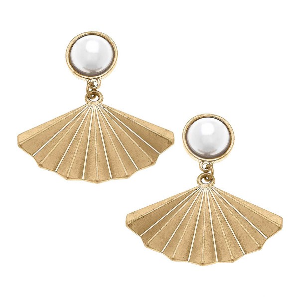 Worn Gold Pearl-Top Fan Drop Earrings.

- Approximately 1.75" Long