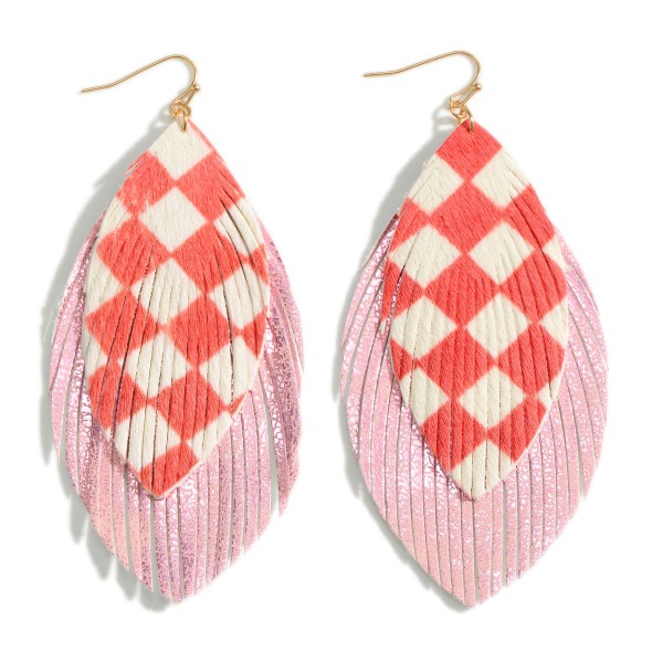 Wholesale statement Layered Leather Checkerboard Drop Earrings Long