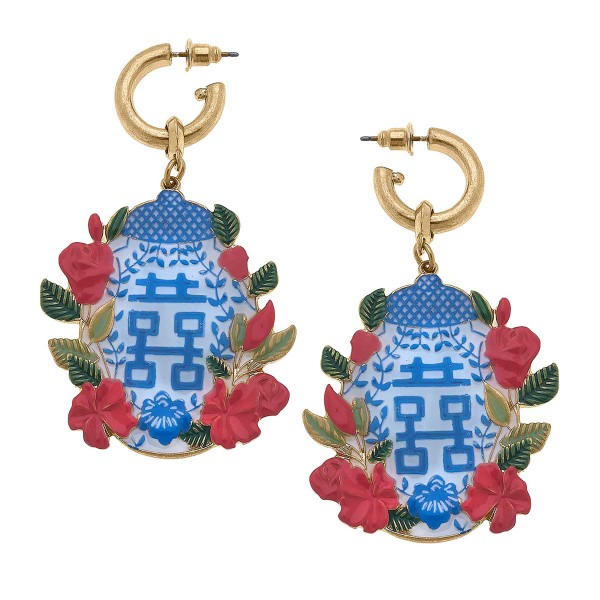 Enamel Oriental Urn Drop Earrings 

- Approximately 3" Length 