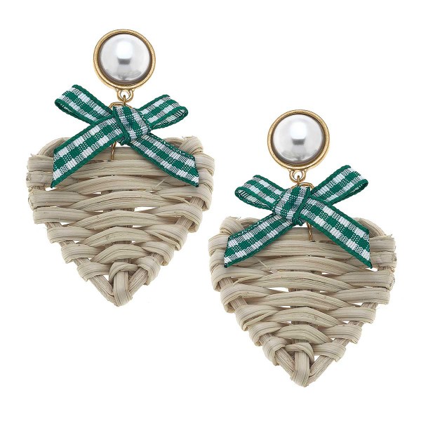 Wicker Heart Shaped Drop Earring Featuring Gingham Bow & Pearl

-Approximately 2.5" Length