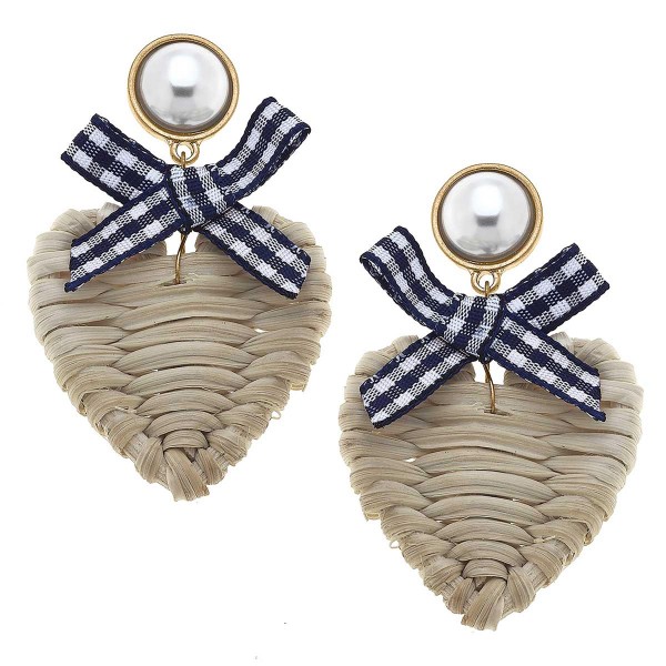 Wicker Heart Shaped Drop Earring Featuring Gingham Bow & Pearl

-Approximately 2.5" Length