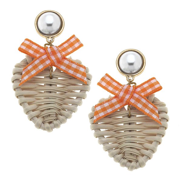 Wholesale wicker Heart Drop Earring Gingham Bow Pearl