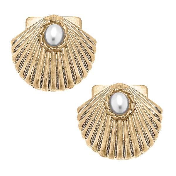 Metal Tone Shell Earrings With Pearl 

-Approximately 1" Length