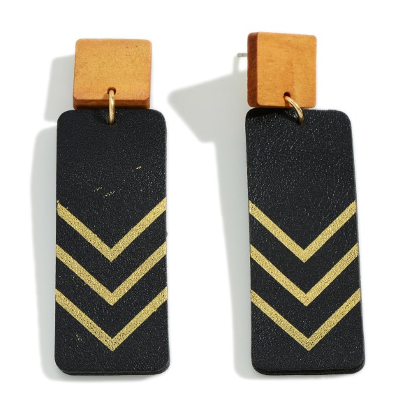 Wholesale statement Leather Wood Drop Earrings Gold Chevron Accent Long