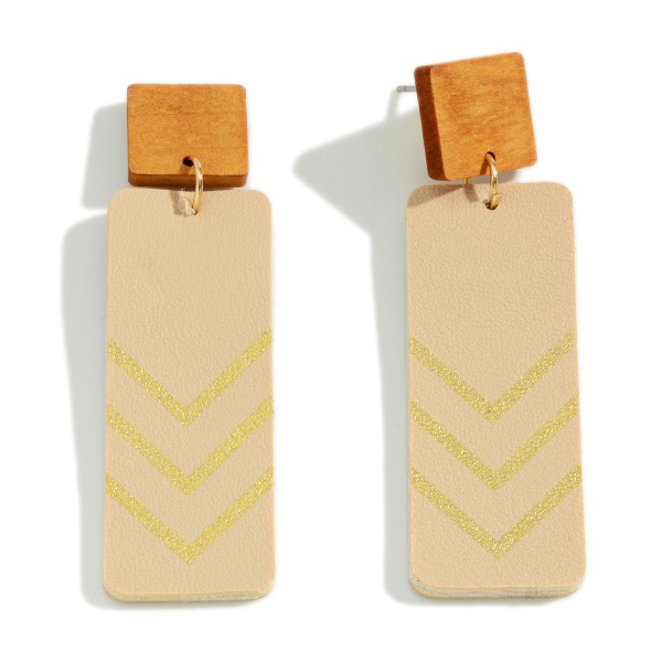 Wholesale statement Leather Wood Drop Earrings Gold Chevron Accent Long