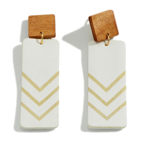 Wholesale statement Leather Wood Drop Earrings Gold Chevron Accent Long