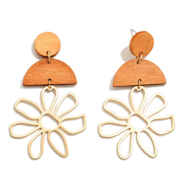Wholesale gold Metal Flower Drop Earrings Solid Color Wooden Accents Long