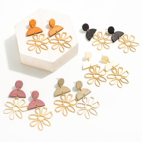 Gold Tone Metal Flower Drop Earrings Featuring Solid Color Wooden Accents

- Approximately 2.5" Long