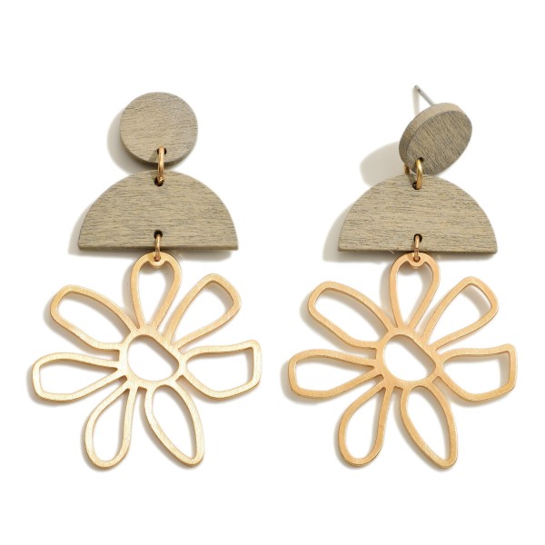 Wholesale gold Metal Flower Drop Earrings Solid Color Wooden Accents Long