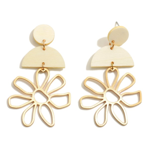 Wholesale gold Metal Flower Drop Earrings Solid Color Wooden Accents Long