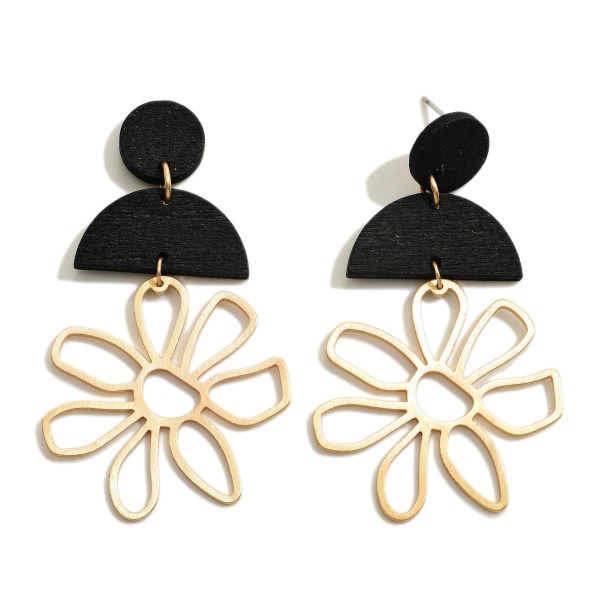 Wholesale gold Metal Flower Drop Earrings Solid Color Wooden Accents Long