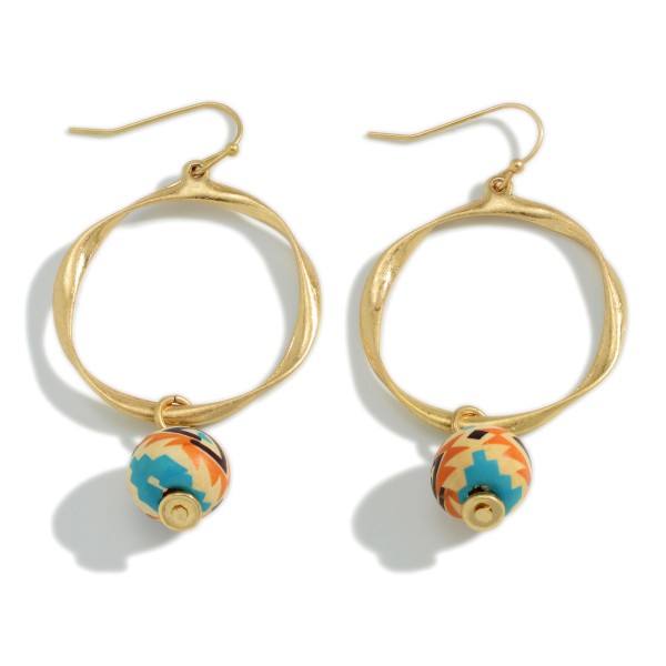 Wholesale twisted Gold Hoop Drop Earring Aztec Painted Wooden Bead L