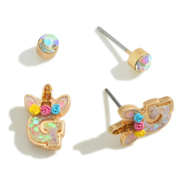 Wholesale set Two Iridescent Glitter Initial Unicorn Stud Earrings Kids mm W