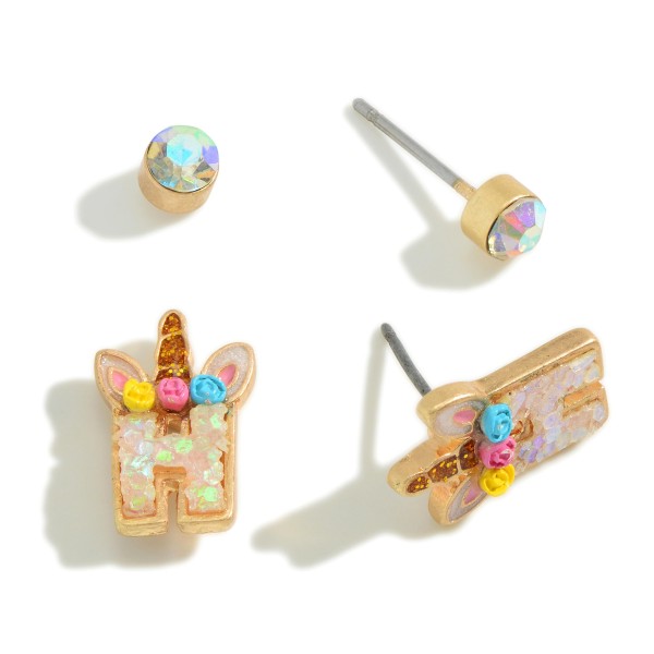 Wholesale set Two Iridescent Glitter Initial Unicorn Stud Earrings Kids mm W