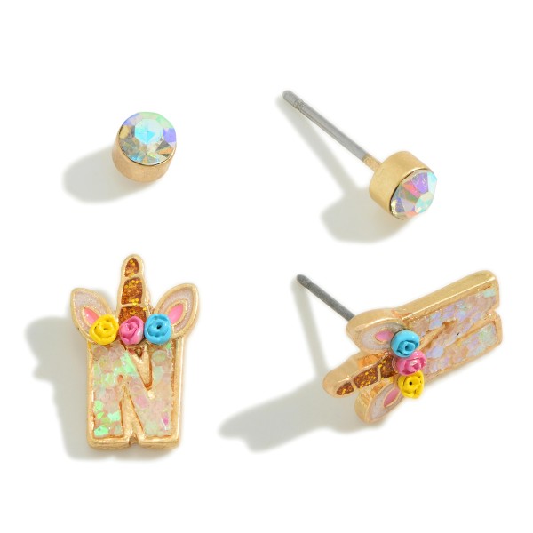 Wholesale set Two Iridescent Glitter Initial Unicorn Stud Earrings Kids mm W