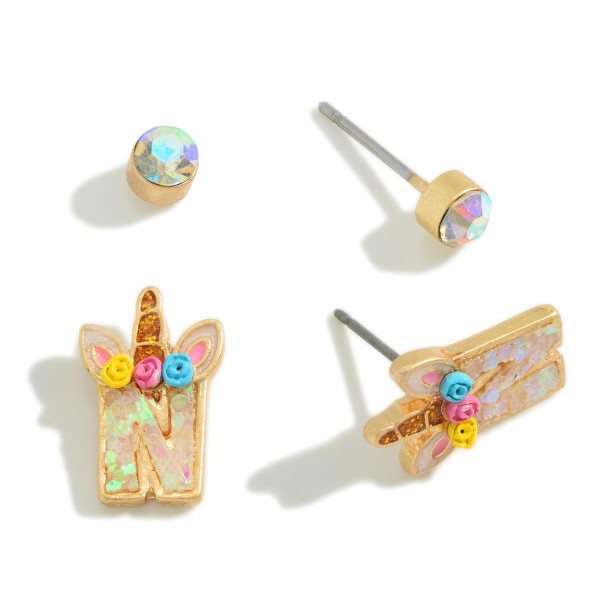 Set of Two Iridescent and Glitter Initial Unicorn Stud Earrings For Kids

- Approximately 4-10mm W