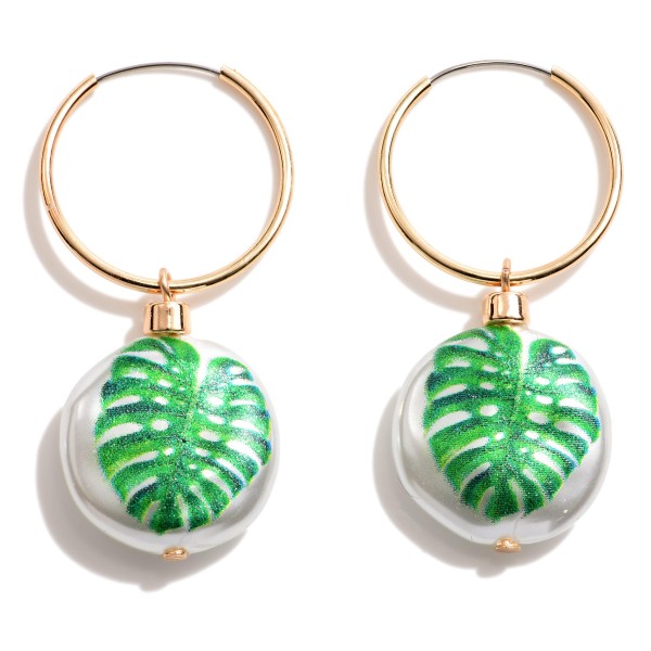 Wholesale gold Huggie Hoop Earrings Flower Print Pearl Charms Long