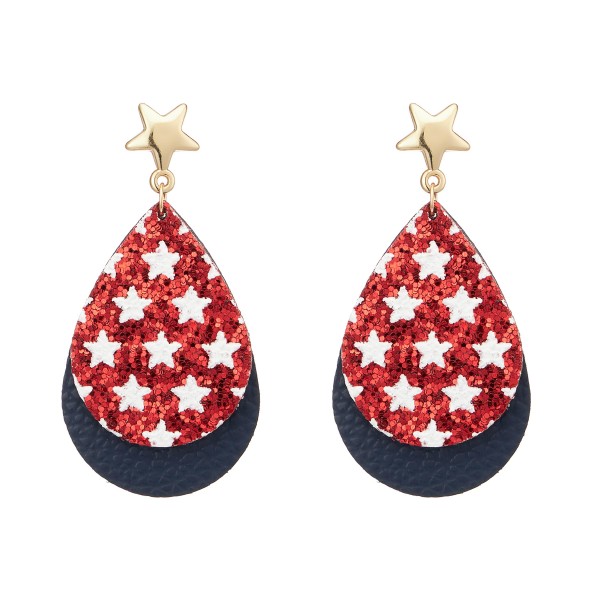 Wholesale layered Leather Glitter Stars Drop Earrings Gold Star Accents Long