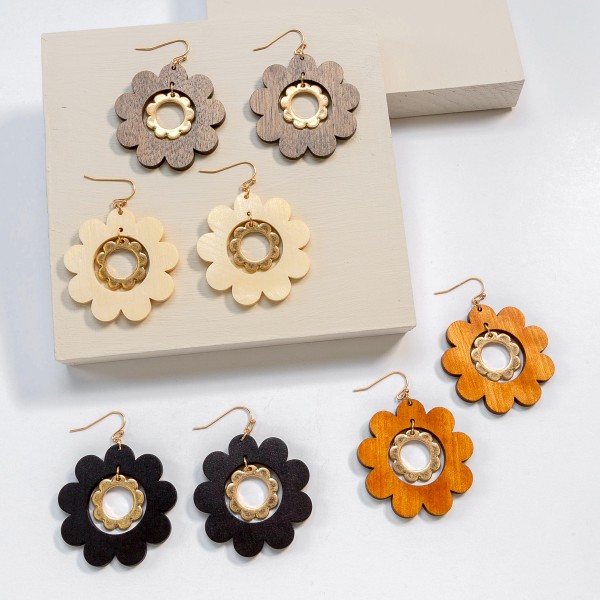 Wood and Gold Tone Flower Drop Earring

- Approximately 2.25" L